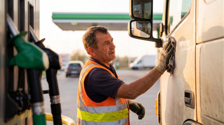 Professional truck driver cleaning his vehicle with a cloth at a gas station during a sunny day